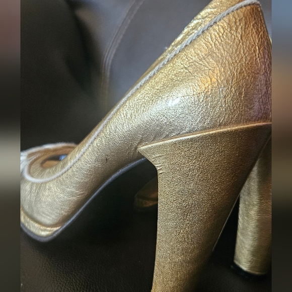 Marc Jacobs Gold Leather Peep Toe Bow Pumps Open Toe Chunky High Heels Size 37 6 - Picture 6 of 16